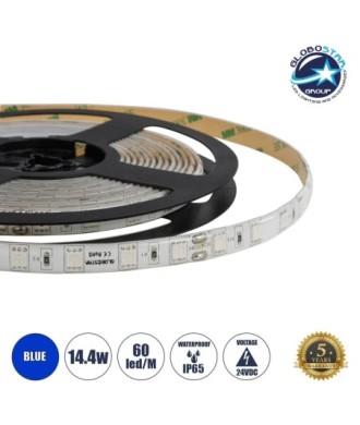 GLOBOSTAR® LUMAR 70326 Ταινία LED 14.4W-m 936lm-m 120° DC 24V Αδιάβροχη IP65 60 x SMD5050 Chip-m Μπλε Dimmable - Sanan SMD Chip - Μ500 x Π1 x Υ0.2cm - Ρολό 5 Μέτρων - 5 Χρόνια Εγγύηση